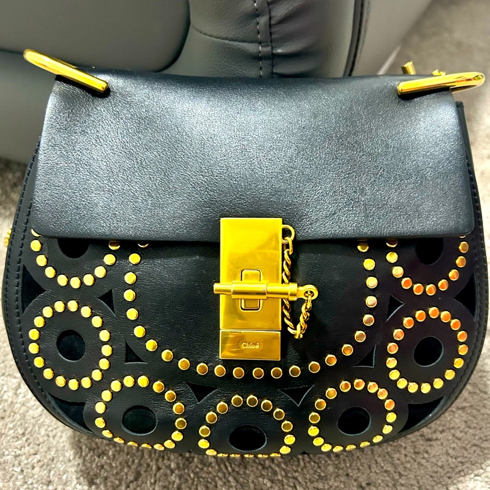 Chloe Black Calfskin & Suede Studded Drew Shoulder Bag